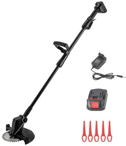 300W Akku Rasentrimmer, Rasentrimmer mit Akku (1500mAh Akku und Ladegerät), 21V Rasenkantenschneider mit 2 Arten von Schneidklingen, 90°Drehbar Freischneider, für Garten, Hof