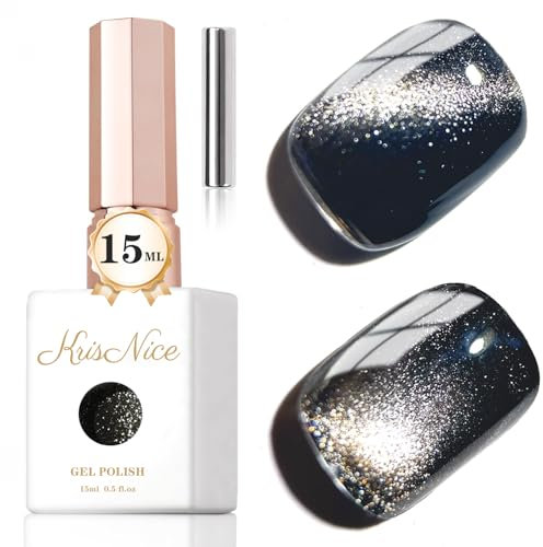 KRISNICE Jelly Glass Cat Eye Gel Polish with Magnet 15ML Holographic Glitter Shimmer Translucent Sheer Color Magnetic Nail Polish Salon DIY at Home (Jelly Pearls Black-MY012)