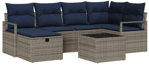 vidaXL Sofa Set mit Kissen Grau und Marineblau Poly-Rattan, Garten & Terrasse, modularer Sofa, UV-beständige Materialien, leichtes Design, entspannter Sitzkomfort für den Frühling