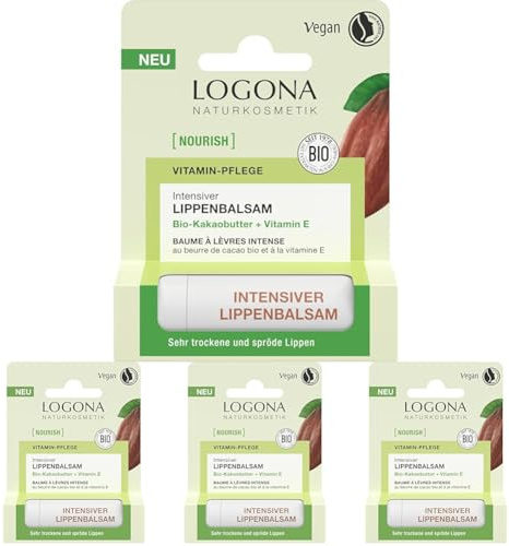 LOGONA Naturkosmetik NOURISH Intensiver Lippenbalsam Bio-Kakaobutter - 4,6 g - mit Vitamin E & Bio-Kakaobutter - vegan & natürliche Inhaltsstoffe - für sehr trockene & spröde Lippen (Packung mit 4)
