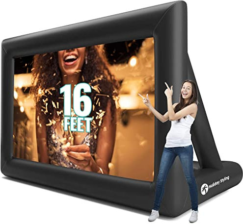 Holiday Styling Inflatable Projector Screen - 16 Ft Blow Up Cinema & Outdoor Stand - Portable Screens w/ Front or Rear Movie Projection & Bonus Storage Bag