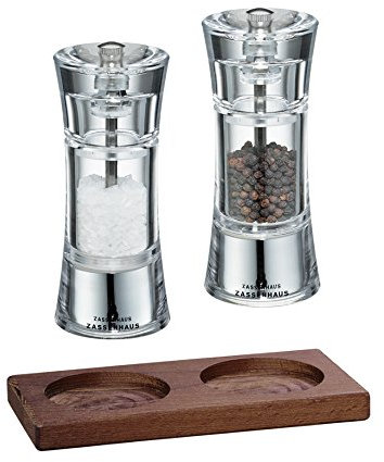Zassenhaus Set Salzmühle & Pfeffermühle Aachen Acryl 14 cm & Untersetzer Eiche eckig