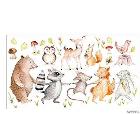 nikima Schönes für Kinder 160 Wandtattoo Waldfreunde Bär, Maus, Fuchs, Waschbär und Hase - in 6 Größen - Kinderzimmer Babyzimmer Wanddeko Wandbild - Größe 1000 x 560 mm