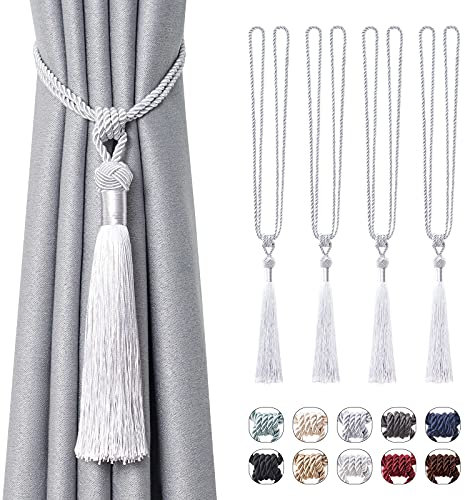 Pretty Jolly Langen Quasten Vorhang-Raffhalter Handmade geflochtene Seil Knoten drapierte Raffhalter Elegante dekorative Vorhanghalter für Zuhause und Büro, Silber, 4 Stück