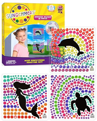 PURPLE LADYBUG Sungemmers Mosaik Bastelset Kinder ab 6 Jahre - DIY Meerjungfrau Spielzeug - Schulanfang Geschenk Mädchen 7 8 9 10 11 12 Jahre - Suncatcher Basteln Fensterdeko - Meerjungfrau Geschenke