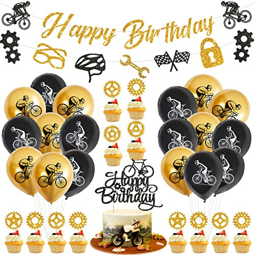 Fahrrad Geburtstagsfeier Dekorationen, Banner, Kuchendekorationen, Luftballons, Hängeschilder, Fahrradgeburtstagsdekorationen für Kinder und Jugendliche (B)