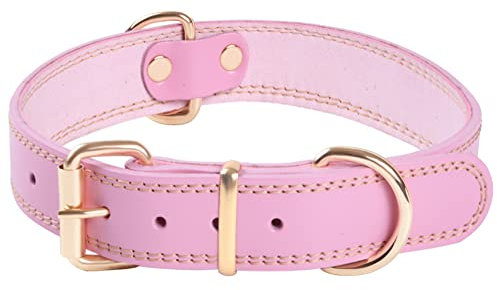 Collier pour Chien en Cuir Véritable de Qualité Supérieure Extra épais, Colliers Réglables pour Chiens de Petite Taille, Moyenne et Grande Race (Rose) (L)