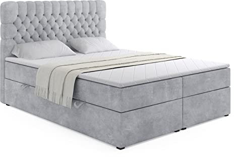 ALTDECOR Boxspringbett mit Matratze und Lattenrost, Boxbett, Topper, Polsterbett mit Bettkasten, Bett mit Stauraum H4-Matratze, Doppelbett, Springboxbett - Serene - 140x200 - Grau Samt