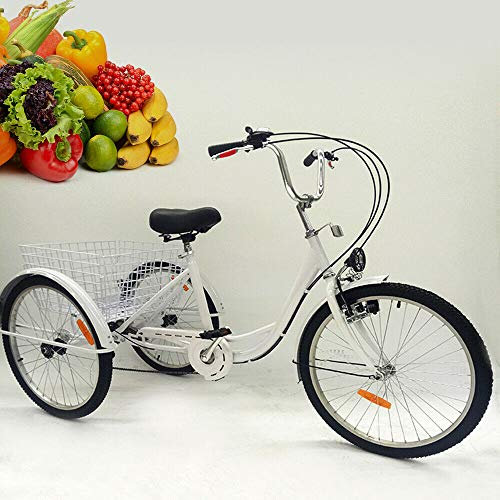 Futchoy 24 Zoll Erwachsene Dreirad 6 Gang 3 Räder Fahrrad Tricycle Bike mit Korb,Lamp