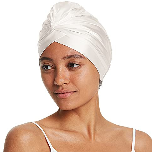 LilySilk 100% Maulbeerseide Schlafmütze für lockiges Haar Seide Bonnet Nacht Schlafmütze Kopfbedeckung Haarwickel für Frauen mit elastischem Band,Weiß