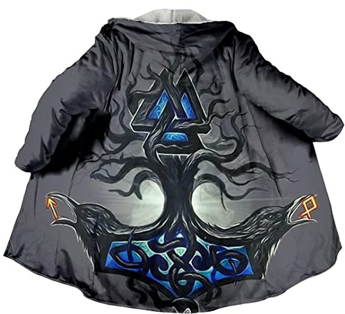 JHBTFQ Winter Thermomantel Kapuzenumhang für Herren, Wikinger Faux Cashmere Jacke Cosplay Cape 3D Druck Nordische Kleidung,Mjolnir Valknut,L
