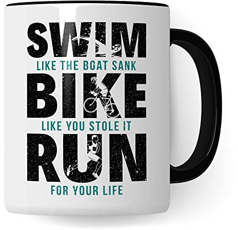 Triathlon Tasse Geschenkidee Swim Bike Run Kaffeetasse Humor Witz Geschenk für Triathleten Kaffeebecher Sportler Becher (Weiß & Schwarz)