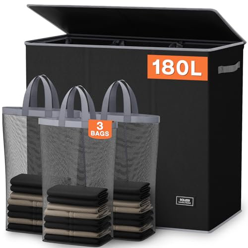 SOLEDI 180L Wäschekorb, Wäschesammler mit Deckel, 3 Fächer und 3 Wäschesack - Großer XXXL Wäschesortierer für Badezimmer, Schlafzimmer, Wäschekammer, Kinderzimmer - 3 x 60L