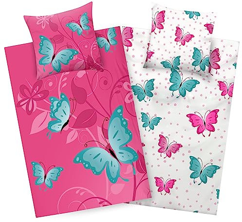 Aminata kids Bettwäsche 135x200 Schmetterlinge Kinder Mädchen Baumwolle Schmetterling rosa pink | YKK Reißverschluss | Tier-Motiv Blumen - Kinder-Wende-Bettwäsche-Set
