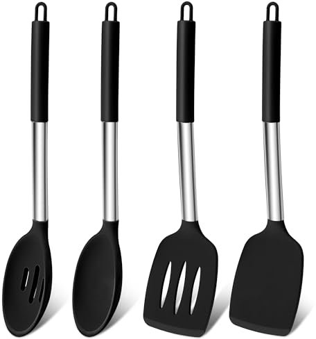 Homikit Silikon Küchenhelfer, 4 Stück Küchenutensilien mit Edelstahlgriff, 2 * Pfannenwender & 2 * Kochlöffel, Schwarz Kochbesteck Kochutensilien für Küchen, Hitzebeständig, Gesund, Spülmaschinenfest