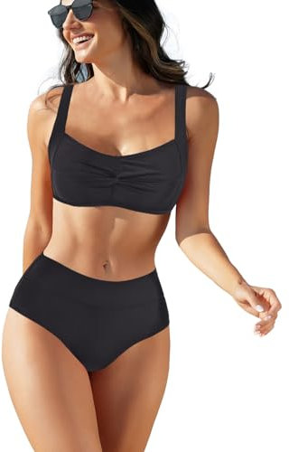 NLAND Costume da Bagno Donna Vita Alta Bikini Due Pezzi Push Up Costumi Piscina Floral Swimwear Imbottito Spiaggia (Nero,S)