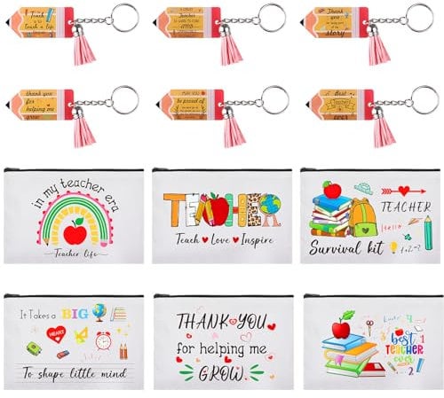 Haiabei 12Pcs Teacher Appreciation Gifts Pencil Shaped Teacher Keychains Bulk Thank You Teacher Keychains with Tassel Canvas Bags Inspirational Gifts for Family Nurses Teachers Educator Coworker