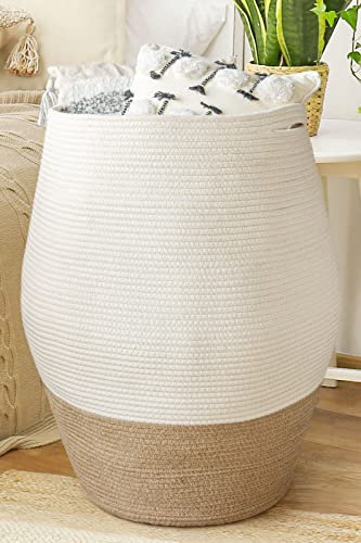 TIMEYARD Wäschekorb Groß, Wäschesammler, Aufbewahrungskorb, Korb Geflochten aus Baumwolle Seil für Schmuzige Kleidung in der Waschküche, 65cm Hoch, Weiß und Jute