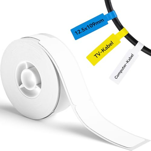 NIIMBOT Kabel Etiketten, Selbstklebender Etikettenband für D110 D11 D101 Etikettendrucker, 12.5mm x 109mm 65 Etiketten/Rolle, 1 Rolle Thermo-Etikettenband für Zuhause, Büro, Schule, Weiß