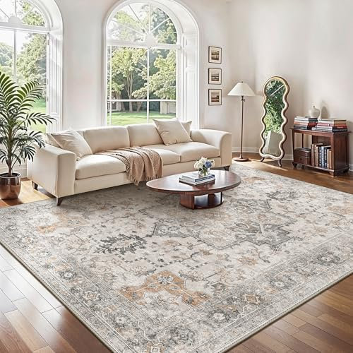 GENIMO Vintage Teppich 120x170cm, Teppiche Wohnzimmer, Waschbare Teppiche, Boho Teppich, Klein Carpet rutschfest, Schlafzimmer, Esszimmer, Büro, Beige