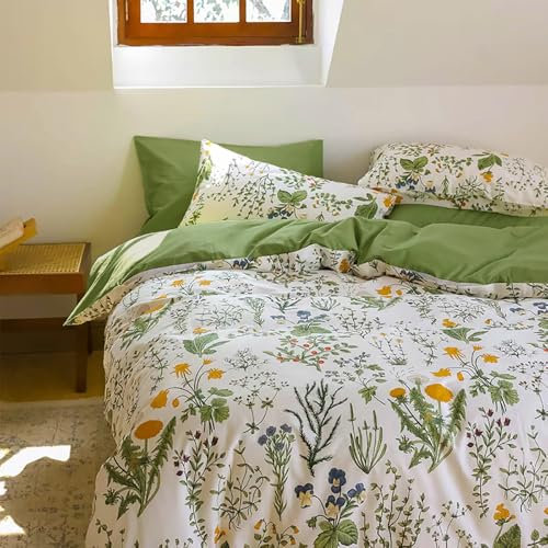 Covebett Bettwäsche Baumwolle 135x200 Grün Blümchen Bunt Blumen Klein Geblümt Muster Bettbezug Set Aesthetic Botanisch Blumenwiese Blumenmuster Deckenbezug Reißverschluss und Kissenbezug 80x80cm