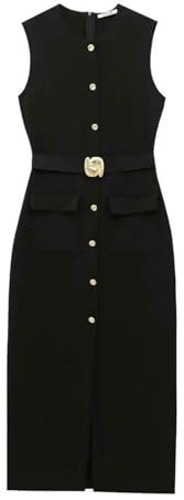 WQOTHHZR Kleid Frauenkleid Schwarze Lange Kleider Frühlingssommerknopf Ärmellose Sundress Elegante Freizeitkleider Für Frauen