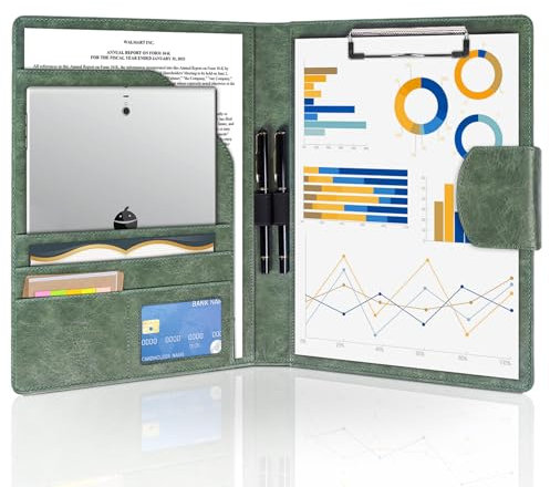 NOTEZMATE DIN A4 Mappen Schreibmappe PU-Leder, Klemmbrett A4 mit Deckel, Klemmbrettmappe mit Dokumentenfächern, Stiftehalter und Magnetverschluss für das Büro & Konferenzen (Dunkelgrün)