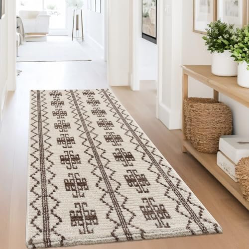 Teppich-Läufer Flauschig Creme, Braun - 80x300 cm - Geometrisches Ethno-Muster - Weiche Microfasern - Boho Teppiche Flur, Wohnzimmer, Schlafzimmer