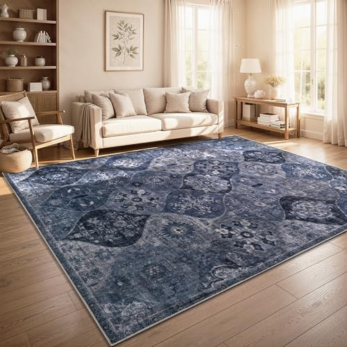 Paco Home Vintage Teppich Wohnzimmer Waschbar & rutschfest, pflegeleicht, modernes Retro Design im Boho Stil, Blau, 120x160 cm