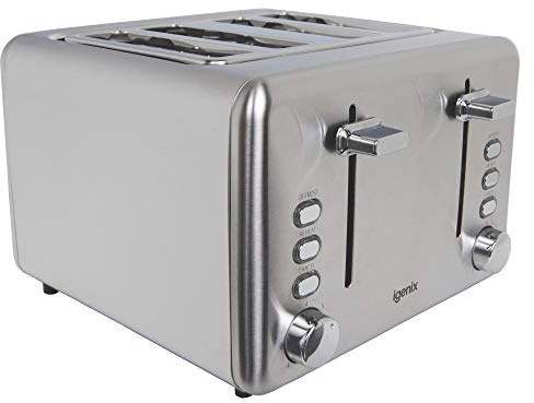 Igenix IG3204 4 Slice Toaster, Deep Slots with Adjustable Browning Control, Slide Out Crumb Tray for Easy Cleaning, Defrost and Reheat Function, Stainless Steel