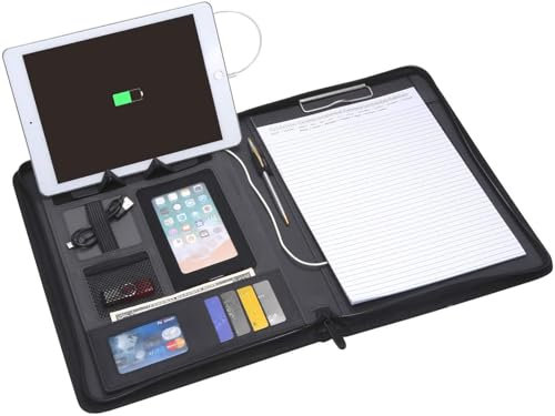 Schreibmappe A4 Konferenzmappe PU Leder Ordner mit Powerbank,Tablet Organizermappe mit Reissverschluss Trennblätter Legal Pad Dokumentenmappe Klemmbrettmappe Businessmappe Schnellhefter Ordner Schwarz