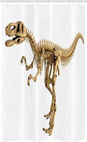 ABAKUHAUS Dinosaurier Schmaler Duschvorhang, Fossil Dino Skelett, Badezimmer Deko Set aus Stoff mit Haken, 120 x 180 cm, Hellbraun Weiß
