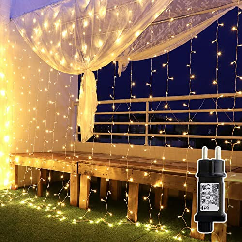 YMing 600 LEDs Lichtervorhang Warmweiß, 6mx3m Lichterkettenvorhang Stecker 8 Modi Lichterkette IP44 für Weihnachten, Schlafzimmer, Partys, Kinderzimmer Innen und außen Deko