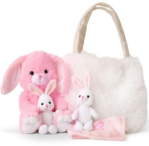 Perfectto Design Easter Gifts for Kids, Stuffed Bunny Toy 5 Pcs - Mommy Stuffed Rabbit, 2 Baby Bunnies and Furry Bag. Soft Easter Bunny Plush Gift for Kids 3-5