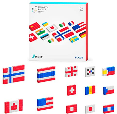 PIXIO Flaggen – Magnetische Bausteine für Kinder ab 6 Jahren, Pixel-Kunst, STEM-Magnetspielzeug für Kinder im Alter von 8–12 Jahren, tragbare Magnetblöcke für Kreativität – 162 Stück