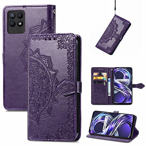Fertuo Hülle für Realme 8i, Handyhülle Leder Flip Case Tasche mit Kartenfach, Magnet und Standfunktion [Mandala Muster] Handy Schutzhülle Ledertasche für Realme 8i, Lila