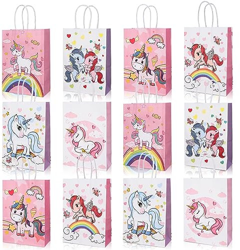 AUXSOUL 12 Stück Papiertüten Kinder Geschenktüten Einhorn Papiertüten Kindergeburtstag Tüten Candy Bag für Kinder Geburtstagsparty Wiederverwendbare Mitbringsel Partytüten