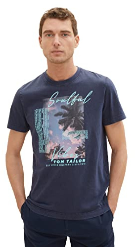 TOM TAILOR Herren 1036415 T-Shirt mit Sommer-Print, 10668-Sky Captain Blue, L