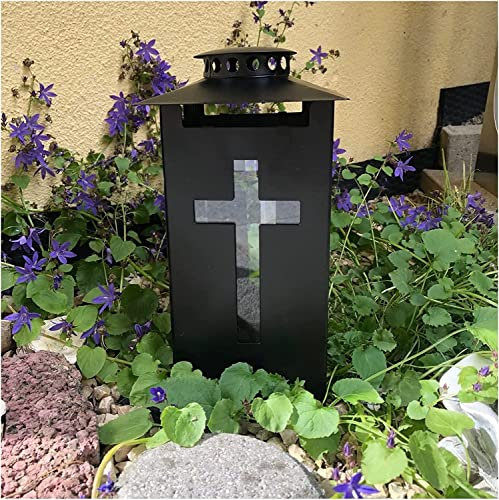 Laterne Grab für Grablicht Grablaterne Windlicht mit Kreuz Grabschmuck Grabdekoration schwarz 17cm