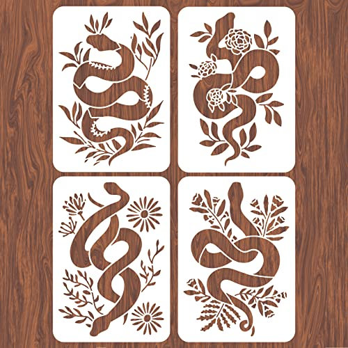 INFUNLY 4pcs Snake Flower Wall Stencils for Painting Plant 11.7x8.3 Tile Stencil Set Reusable Plastic Wall Stencils Template for Painting on Wood Wall Furniture Floor Tiles Fabric DIY Home Decor
