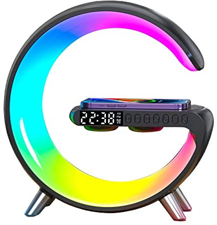 BLOSSOMLIFE 15W Wireless Fast Charging Dock Station Speaker Alarm Clock Desk Lamp Colorful Light Charger for iPhone Samsung Smartphone (Black)