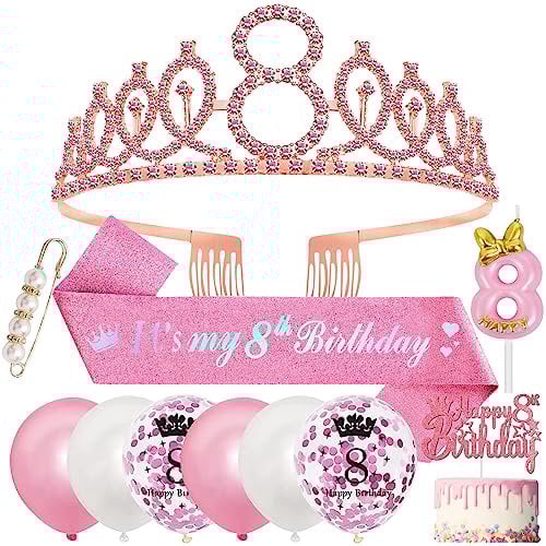 8 Geburtstag Mädchen 8 Jahre Geburtstagsdeko, 8. Geburtstagskrone und Birthday Schärpe,Rosa Diamant Roségold Krone Geburtstag Crown Schärpe,Luftballons 8 Jahre,Kerze für 8th Party Deko Mädchen