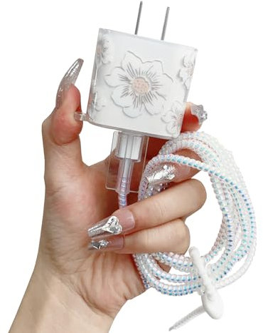 Faneiy for Apple 20W USB-C Power Adapter Charger Protective Case with USB Lightning Cable Cover,Cute Women Flower Floral Data Cable Phone Charger Data Line Earphone Wire Protector,White