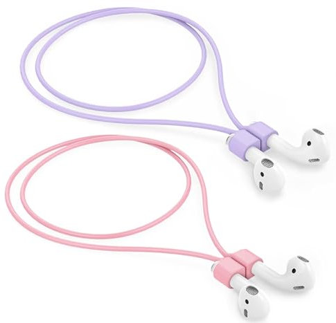 Mooyavia Ultrastarke magnetische Anti-Verlust-Gurte für AirPods, weiches Silikon, Sport-Umhängeband, kompatibel mit AirPods 4/3/2/1, AirPods Pro 2/1, Rosa + Lila, 2 Stück