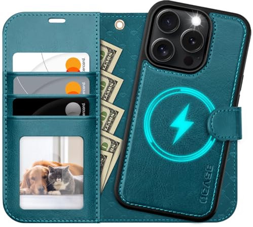 OCASE for iPhone 16 Pro Case, Detachable 2 in 1 PU Leather Wallet Case with RFID Blocking, Wireless Charging, Card Holders, Kickstand, Shockproof Removable Phone Cover, Peacock Blue