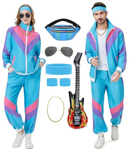 80 90er Retro Trainingsanzug Kostüm Karneval Unisex Hip Hop Sportanzug | Retro 90s Outfit Hip Hop Disco Sportanzug Set für Halloween Theme Parties Karneval Herren Damen