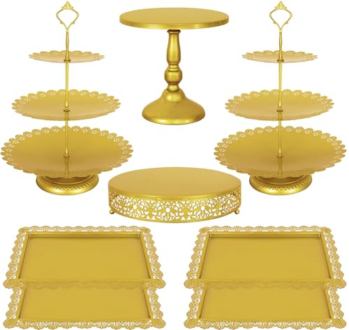Fivenl 8 Pcs Cake Stand Gold Metal Dessert Table Display Set, 3-Tier Cupcake Stand, Cake Display Tower and Cookie Tray Rack Serving Tray for Birthday Party, Weddings, Baby Shower (Gold)