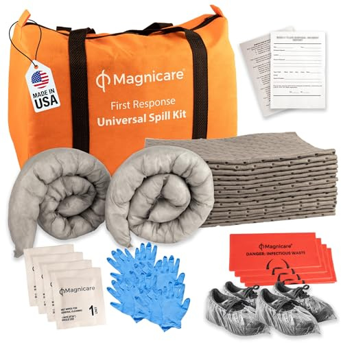 Universal Spill Kit OSHA Approved - Biohazard Clean up Kit for Oil, Water & Chemicals | 15 Absorbent Pads, 2 Socks, PPE, Biohazard Bags in Bright Orange Duffel Bag