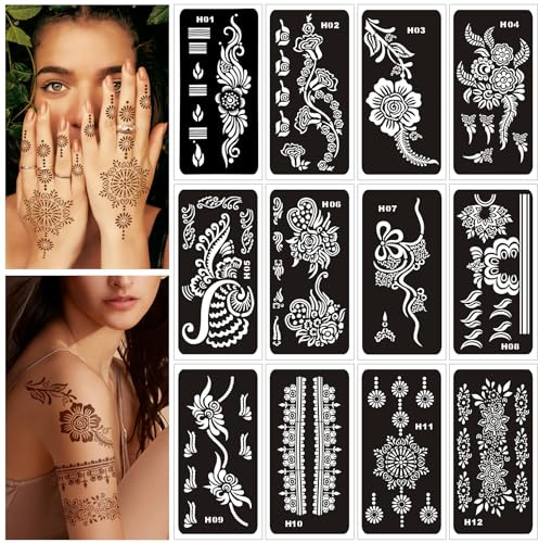 Tätowierschablonen für Kinder und Erwachsene – 12 Blatt Henna-Set für Hände, Mehndi, Airbrush und temporäre Tattoos