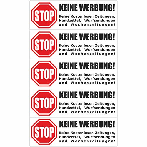 Briefkastenaufkleber - Achtung Stop Bitte keine Werbung! 5 Aufkleber weiß - 105x35mm - Keine kostenlosen Zeitungen, Handzettel, Wurfsendungen und Wochenzeitungen!